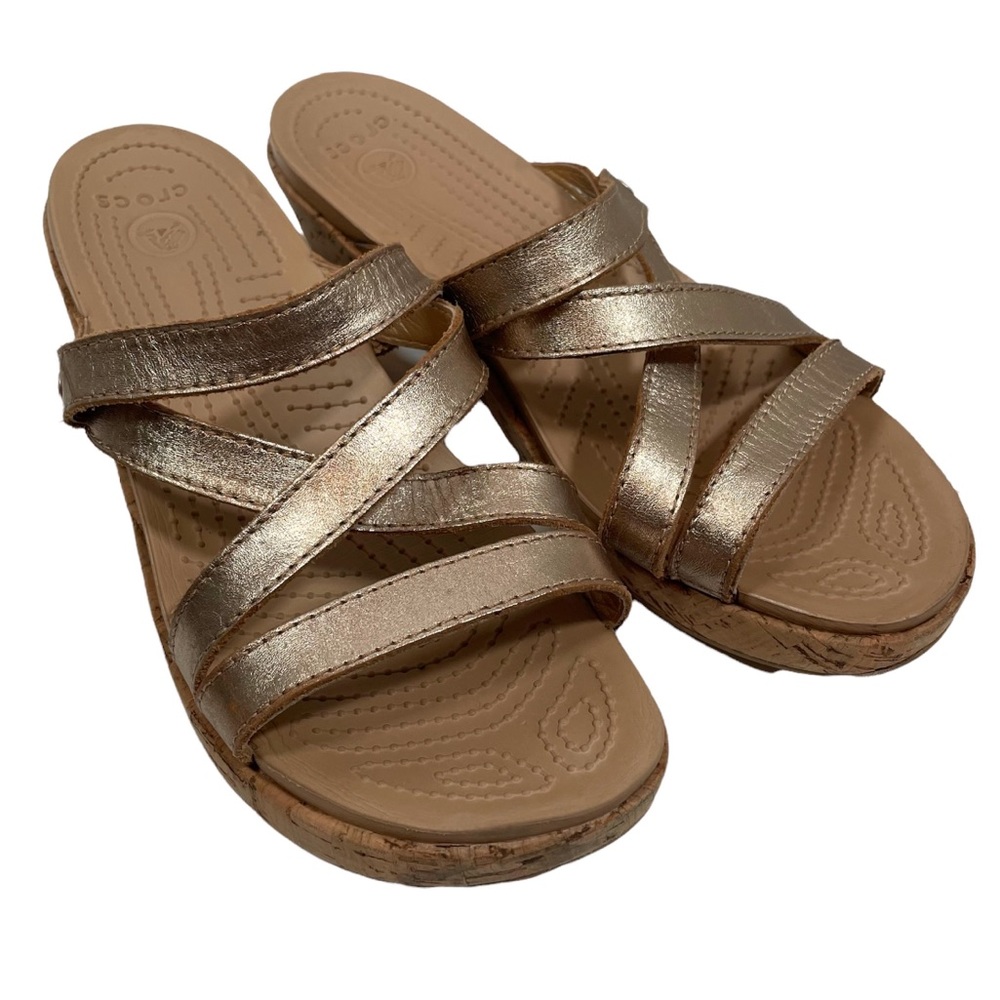 CROCS Metallic Bronze Crisscross Wedge Sandals